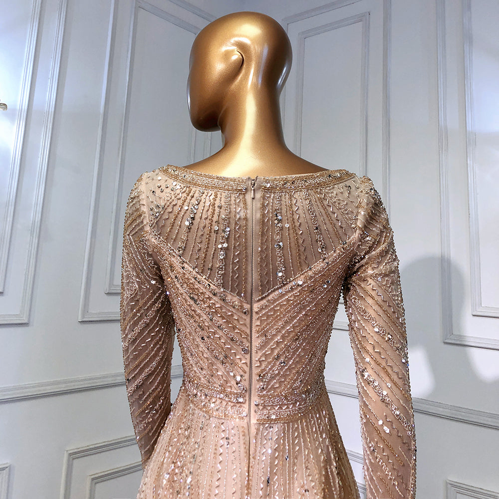 En oferta, sin devolución ni reembolso, elegante vestido de noche de sirena dorado con mangas largas y cuello redondo, con cuentas, para mujer, fiesta, LA71635