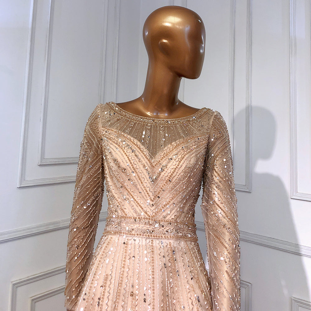 En oferta, sin devolución ni reembolso, elegante vestido de noche de sirena dorado con mangas largas y cuello redondo, con cuentas, para mujer, fiesta, LA71635