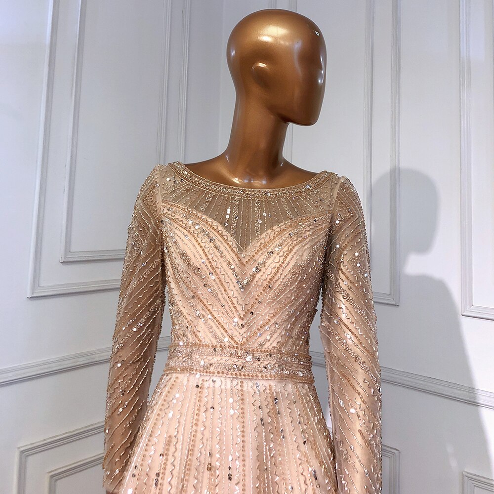 En oferta, sin devolución ni reembolso, elegante vestido de noche de sirena dorado con mangas largas y cuello redondo, vestidos de lujo con cuentas 2025 para mujer, fiesta LA71635