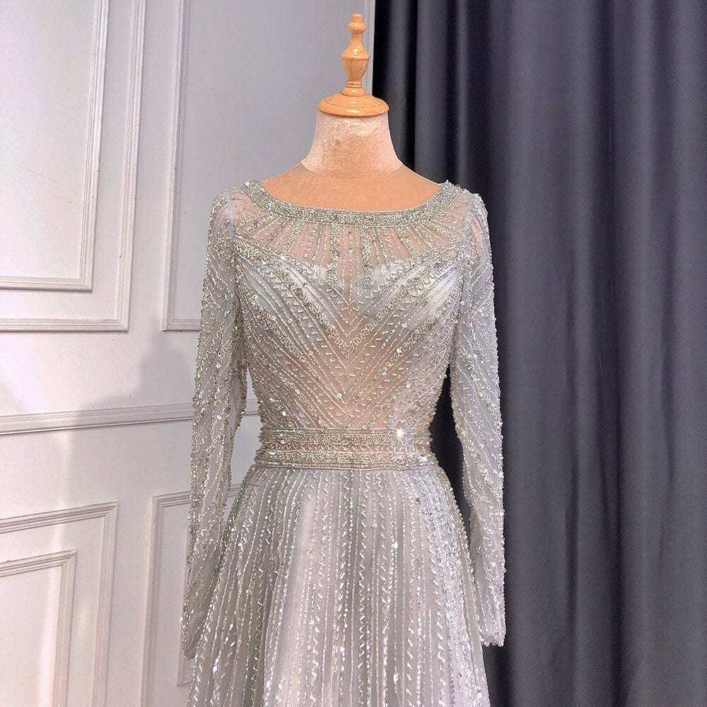 En oferta, sin devolución ni reembolso, elegante vestido de noche de sirena dorado con mangas largas y cuello redondo, vestidos de lujo con cuentas 2025 para mujer, fiesta LA71635