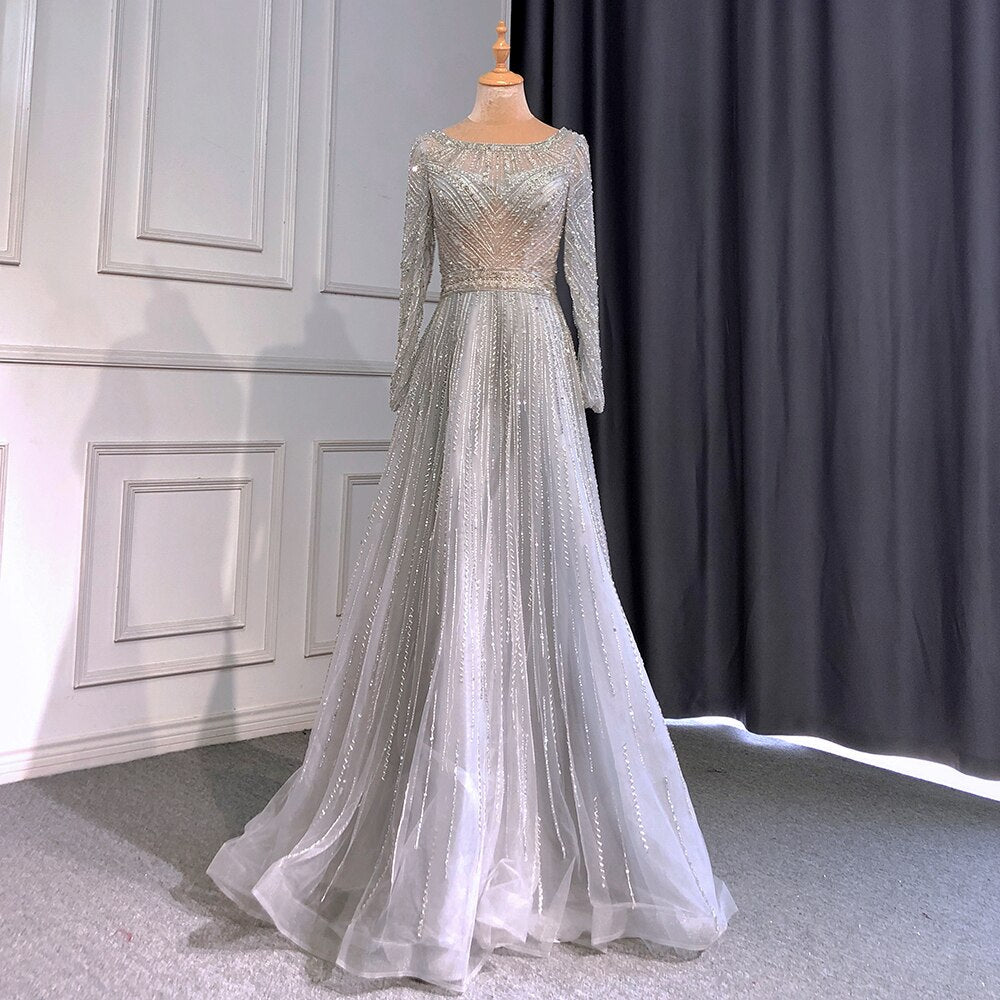 En oferta, sin devolución ni reembolso, elegante vestido de noche de sirena dorado con mangas largas y cuello redondo, vestidos de lujo con cuentas 2025 para mujer, fiesta LA71635