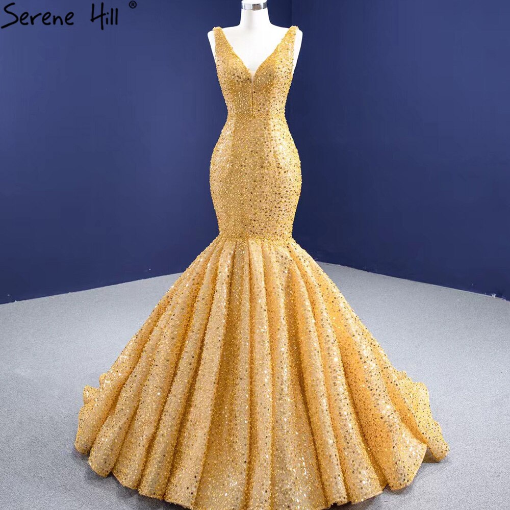 Vestido de noche elegante de lujo con encaje y sirena dorada, con cuentas, para mujer, fiesta, HM67290