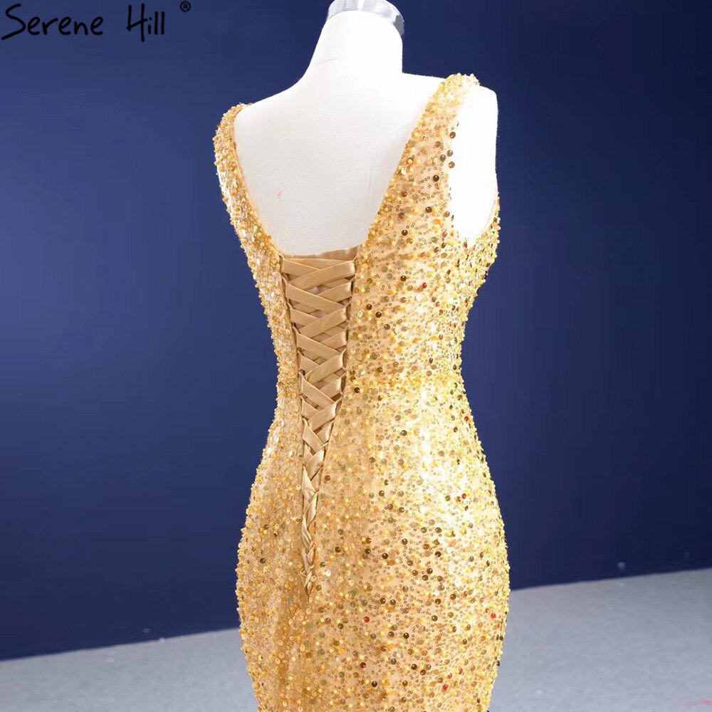 Vestido de noche elegante de lujo con encaje y sirena dorada, con cuentas, para mujer, fiesta, HM67290