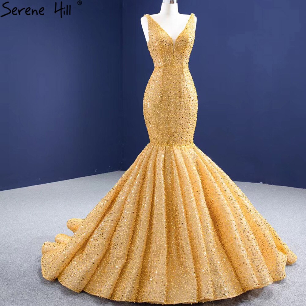Vestido de noche elegante de lujo con encaje y sirena dorada, con cuentas, para mujer, fiesta, HM67290