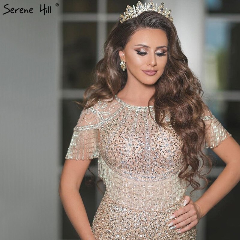 Vestidos de noche de lujo con sirena dorada, con borlas y cuentas, elegantes para mujer, para bodas y fiestas, LA70051