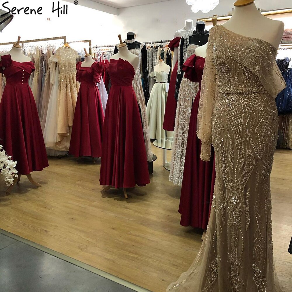Vestidos de noche de lujo con corte sirena dorados, elegantes vestidos de noche con cuentas y un solo hombro para mujer, fiesta LA71218