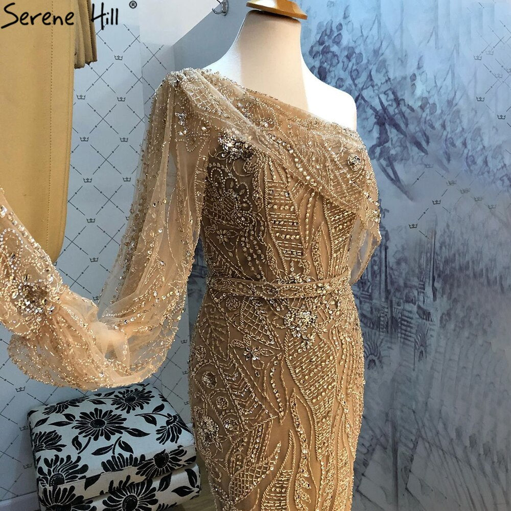 Vestidos de noche de lujo con corte sirena dorados, elegantes vestidos de noche con cuentas y un solo hombro para mujer, fiesta LA71218