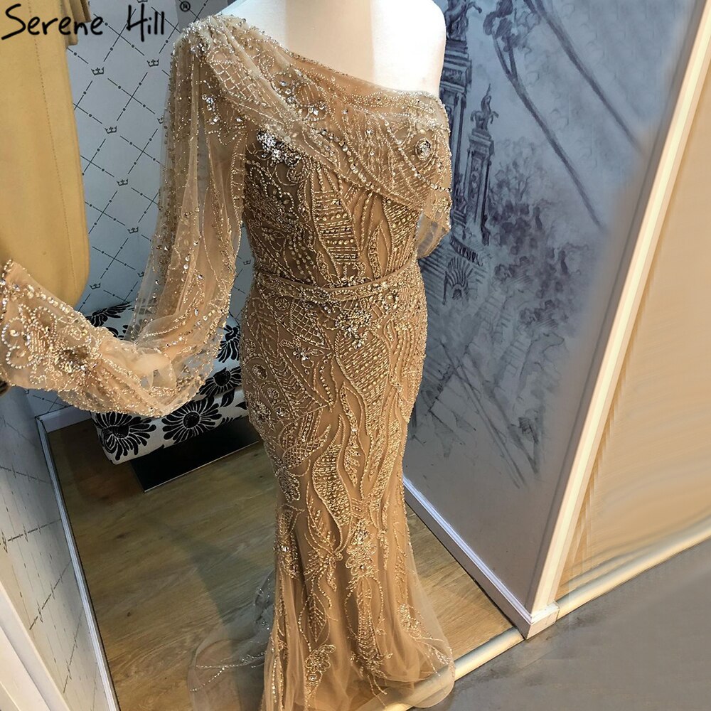 Vestidos de noche de lujo con corte sirena dorados, elegantes vestidos de noche con cuentas y un solo hombro para mujer, fiesta LA71218