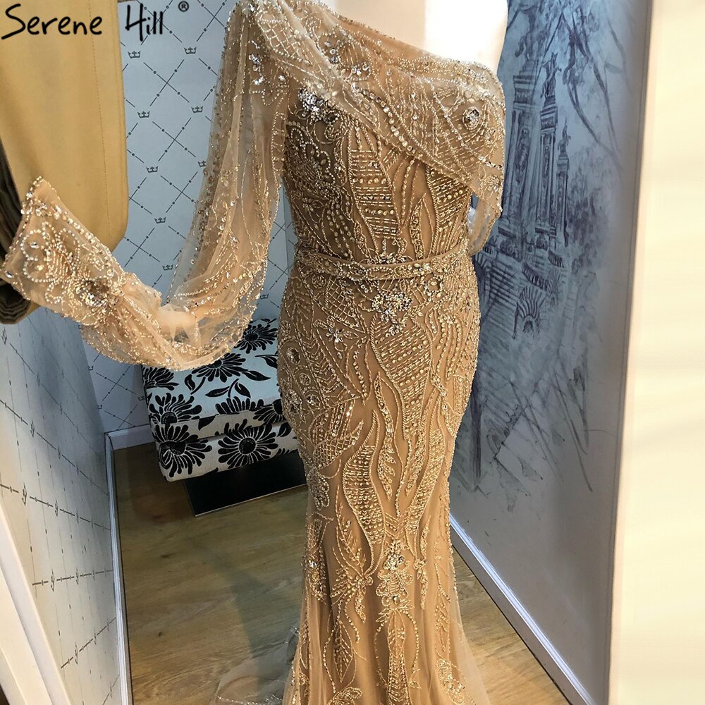 Vestidos de noche de lujo con corte sirena dorados, elegantes vestidos de noche con cuentas y un solo hombro para mujer, fiesta LA71218