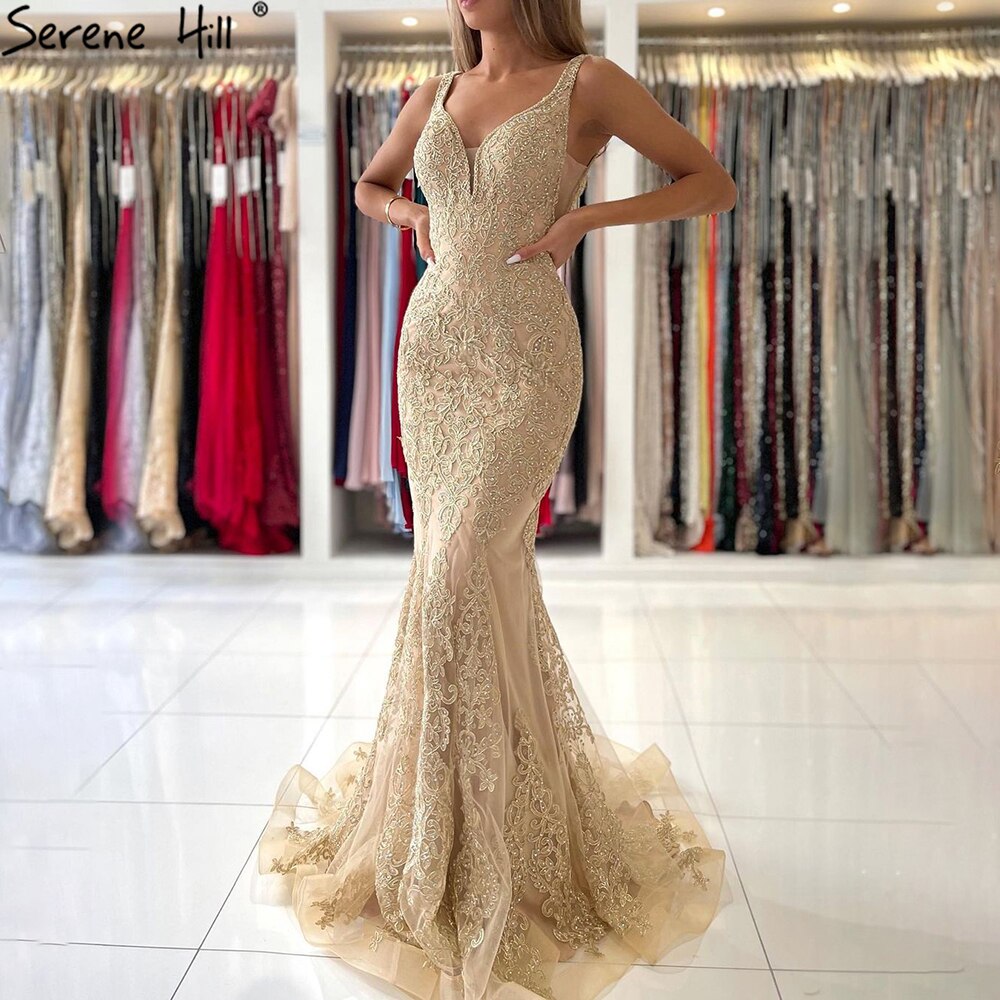 Vestidos de noche de lujo con corte sirena dorado, 2025, encaje con cuentas, elegantes para mujer, fiesta LA71348