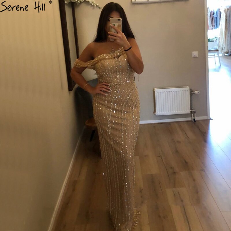 Vestido de noche sexy de sirena dorada, estilo Dubái, de un solo hombro, de lujo, con cuentas y brillo, vestido formal LA70723