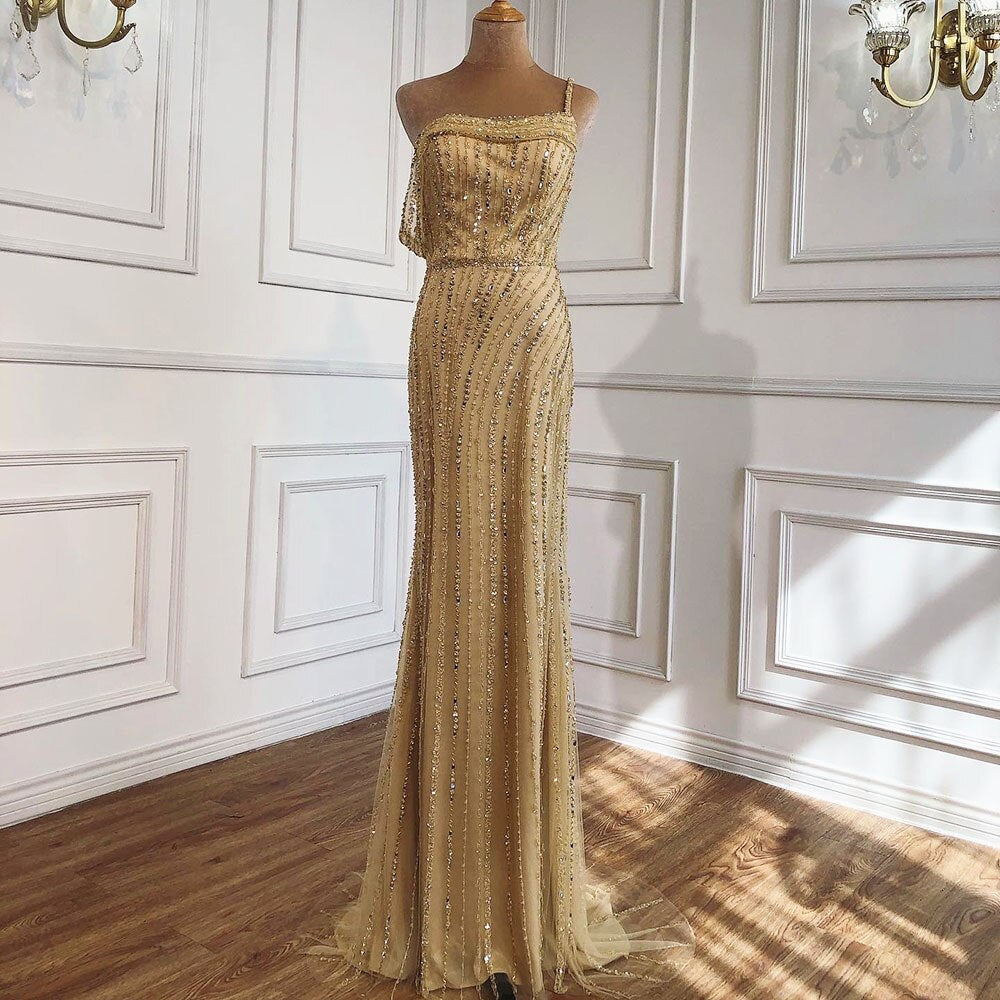 Vestido de noche sexy de sirena dorada, estilo Dubái, de un solo hombro, de lujo, con cuentas y brillo, vestido formal LA70723