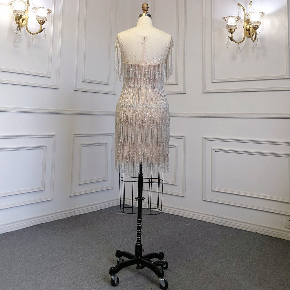 Vestido elegante de lujo con borlas y cuentas, estilo sirena dorado, con falda corta y cuello redondo, para mujer, para fiesta, LA71734