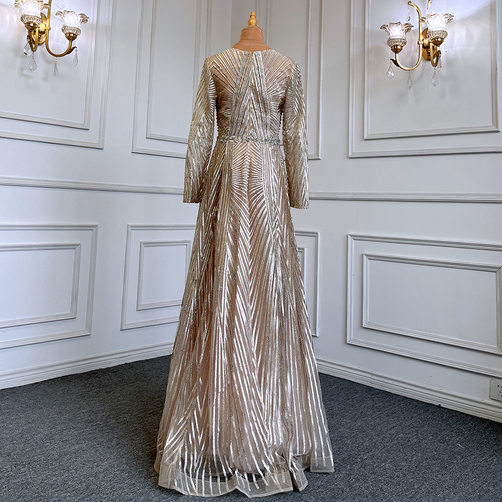 Vestidos de noche musulmanes dorados de corte A con escote en V y mangas largas, de lujo con cuentas 2025 para mujer, fiesta LA71701