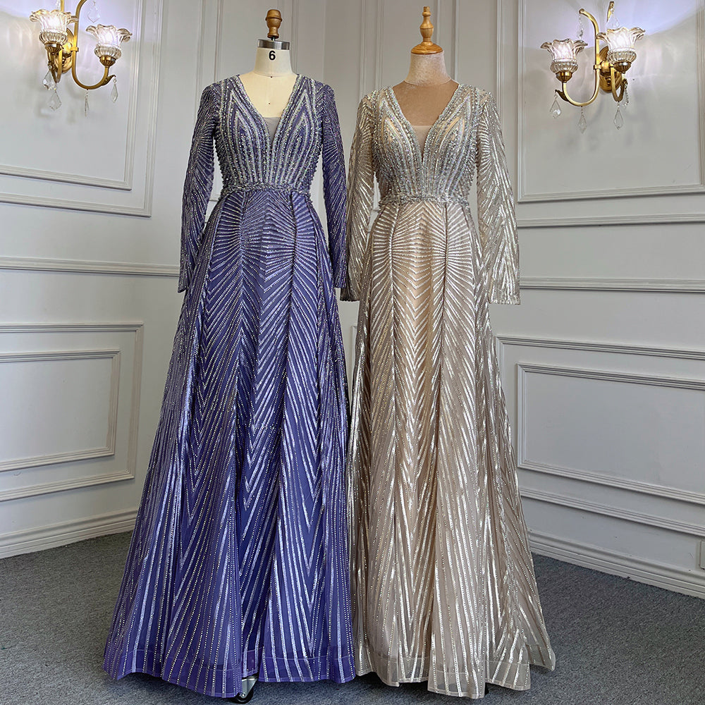 Vestidos de noche musulmanes dorados de corte A con escote en V y mangas largas, de lujo con cuentas 2025 para mujer, fiesta LA71701