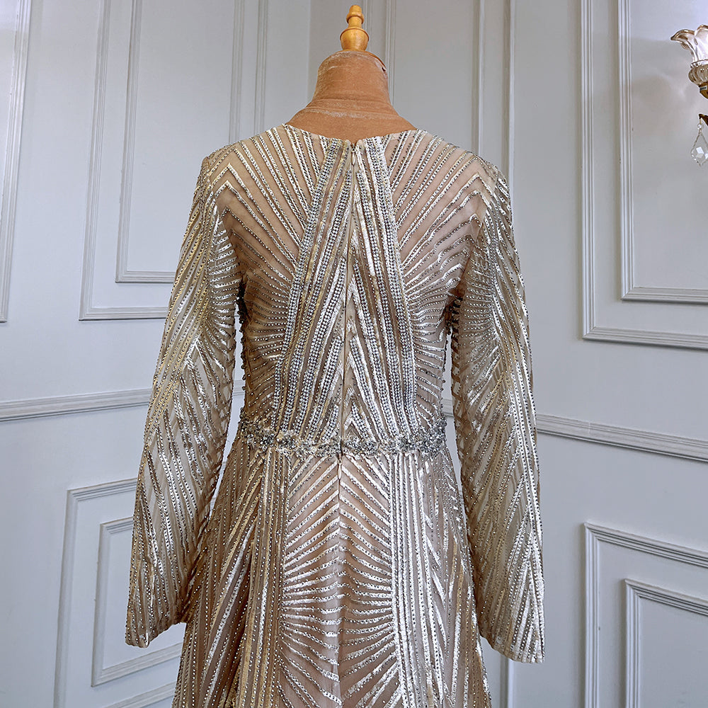 Vestidos de noche musulmanes dorados de corte A con escote en V y mangas largas, de lujo con cuentas 2025 para mujer, fiesta LA71701
