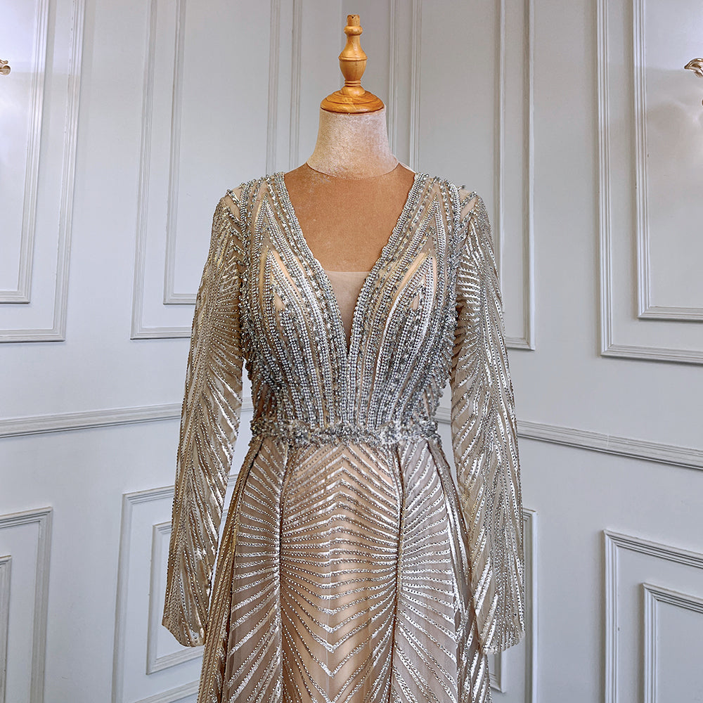 Vestidos de noche musulmanes dorados de corte A con escote en V y mangas largas, de lujo con cuentas 2025 para mujer, fiesta LA71701