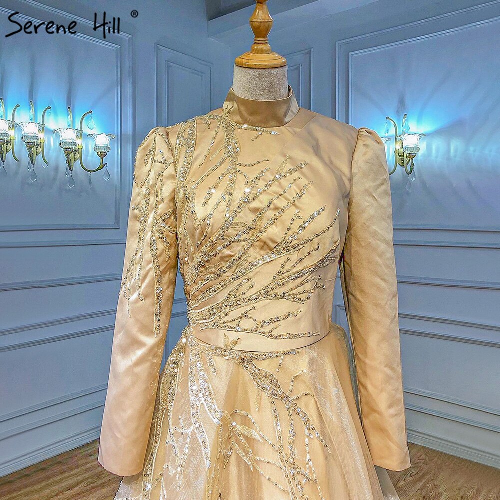 Vestidos de noche musulmanes dorados hasta los tobillos, 2025, con cuentas brillantes, de lujo, para mujer, fiesta, LA71064