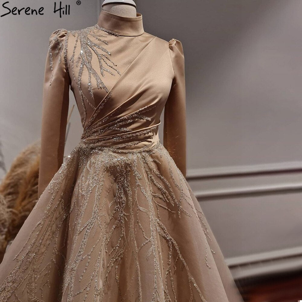Vestidos de noche musulmanes dorados hasta los tobillos, 2025, con cuentas brillantes, de lujo, para mujer, fiesta, LA71064