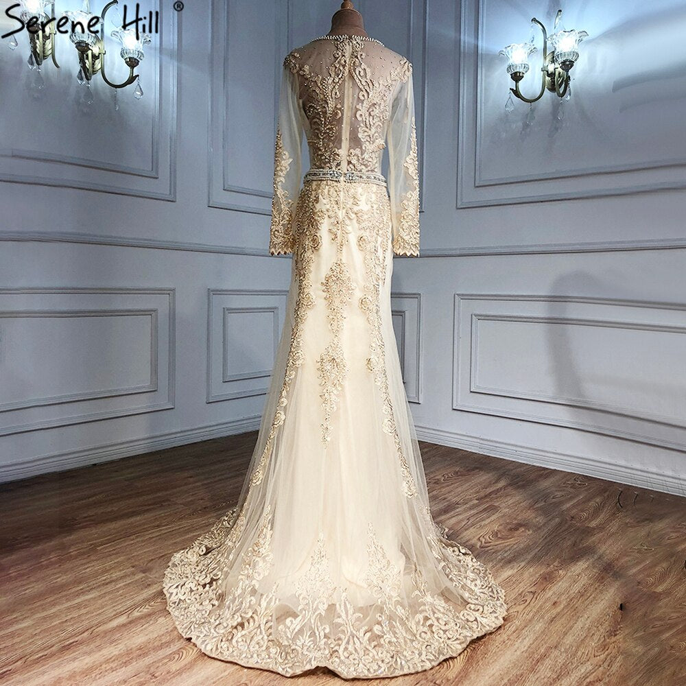Vestidos de noche musulmanes dorados con cuentas, estilo sirena, elegantes, para mujer, para fiesta de bodas, LA71082
