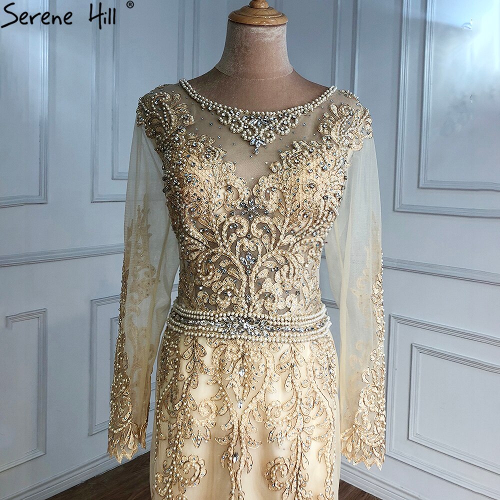 Vestidos de noche musulmanes dorados con cuentas, estilo sirena, elegantes, para mujer, para fiesta de bodas, LA71082