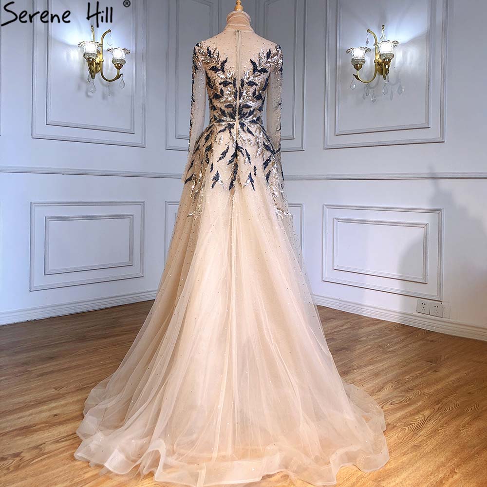 Vestidos de noche musulmanes de lujo dorados, corte A, con cuentas y brillo, para mujer, fiesta, LA71387
