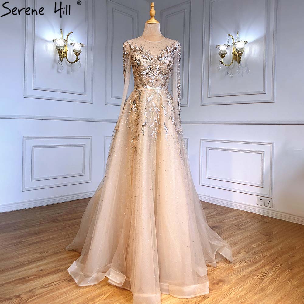 Vestidos de noche musulmanes de lujo dorados, corte A, con cuentas y brillo, para mujer, fiesta, LA71387