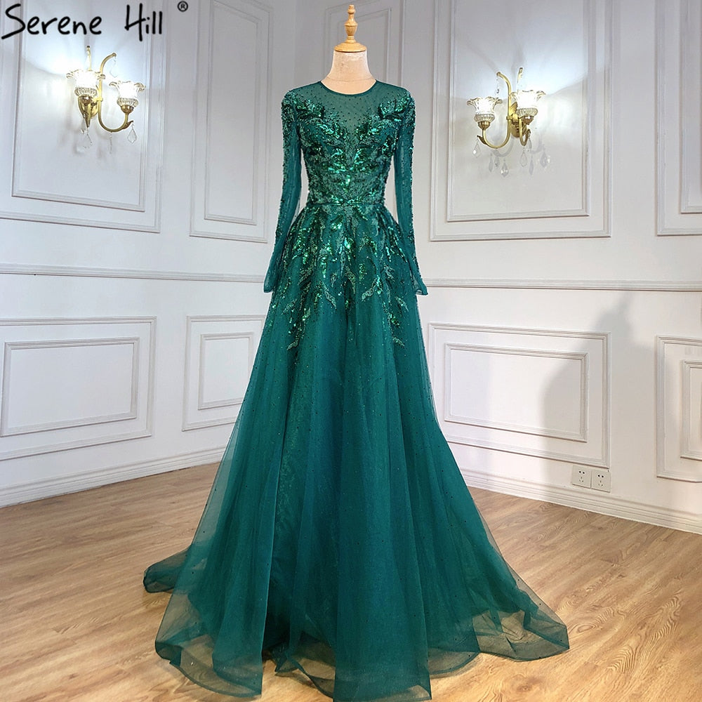 Vestidos de noche musulmanes de lujo dorados, corte A, con cuentas y brillo, para mujer, fiesta, LA71387