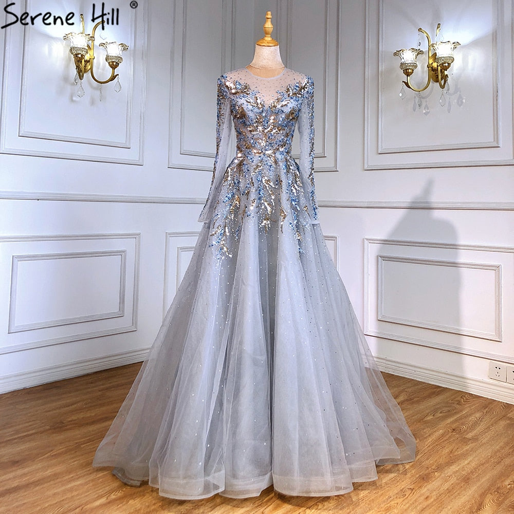 Vestidos de noche musulmanes de lujo dorados, corte A, con cuentas y brillo, para mujer, fiesta, LA71387