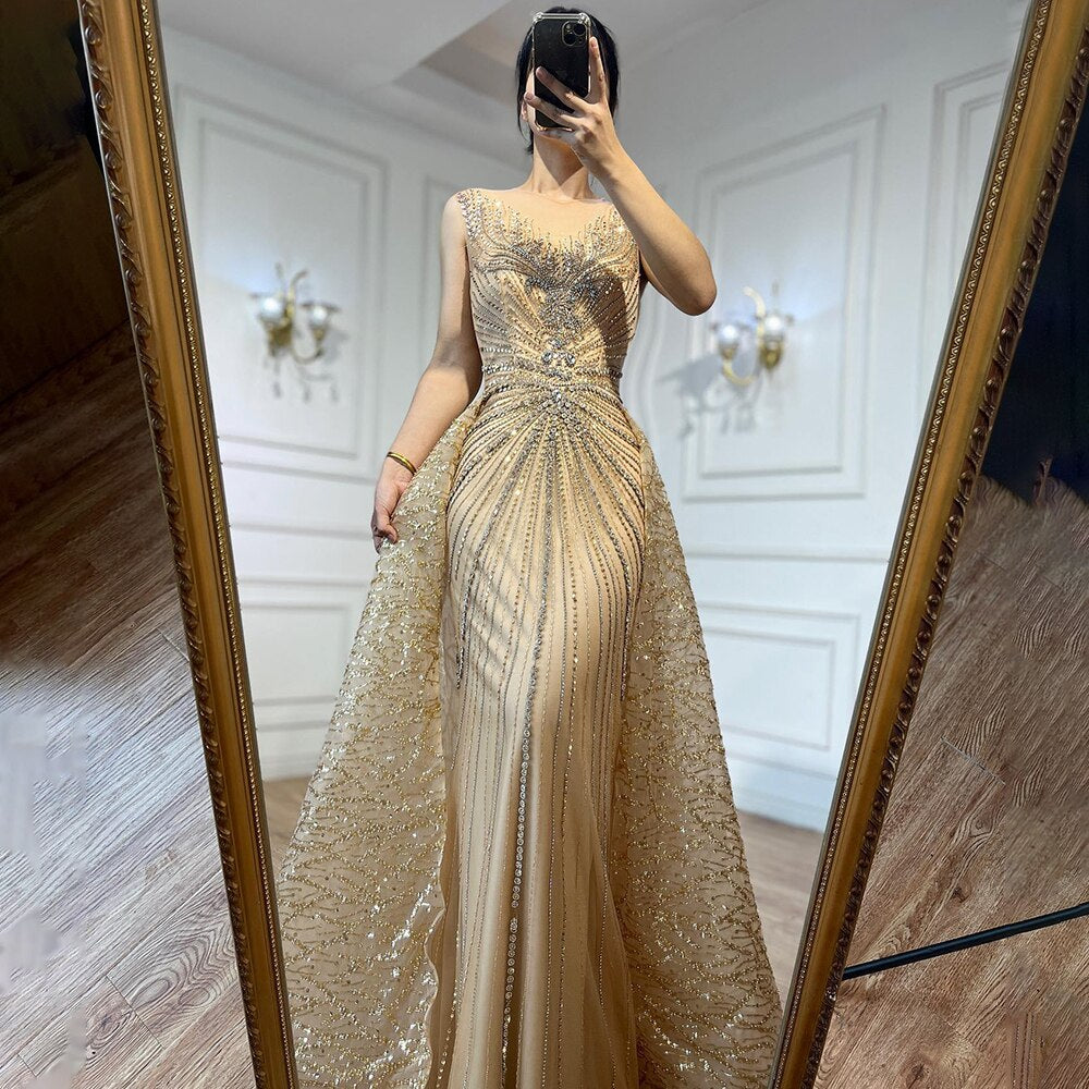 Vestido de noche formal de sirena con cuello redondo, mangas largas y cuentas, dorado, para mujer, 2025, LA72087