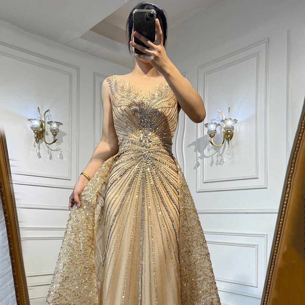 Vestido de noche formal de sirena con cuello redondo, mangas largas y cuentas, dorado, para mujer, 2025, LA72087