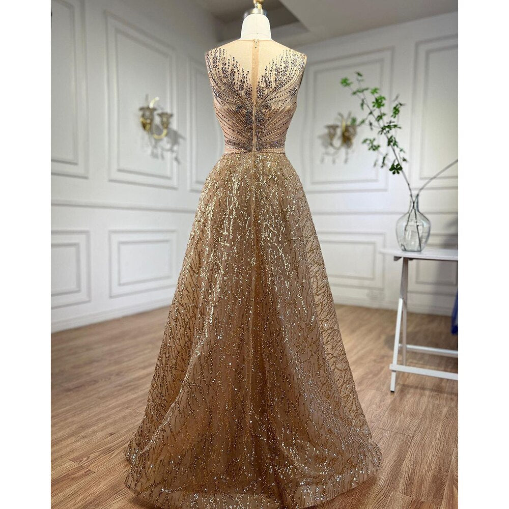 Vestido de noche formal de sirena con cuello redondo, mangas largas y cuentas, dorado, para mujer, 2025, LA72087
