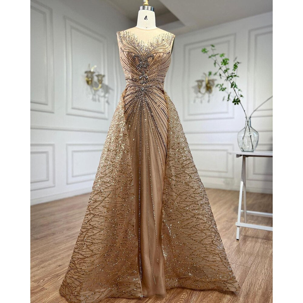 Vestido de noche formal de sirena con cuello redondo, mangas largas y cuentas, dorado, para mujer, 2025, LA72087