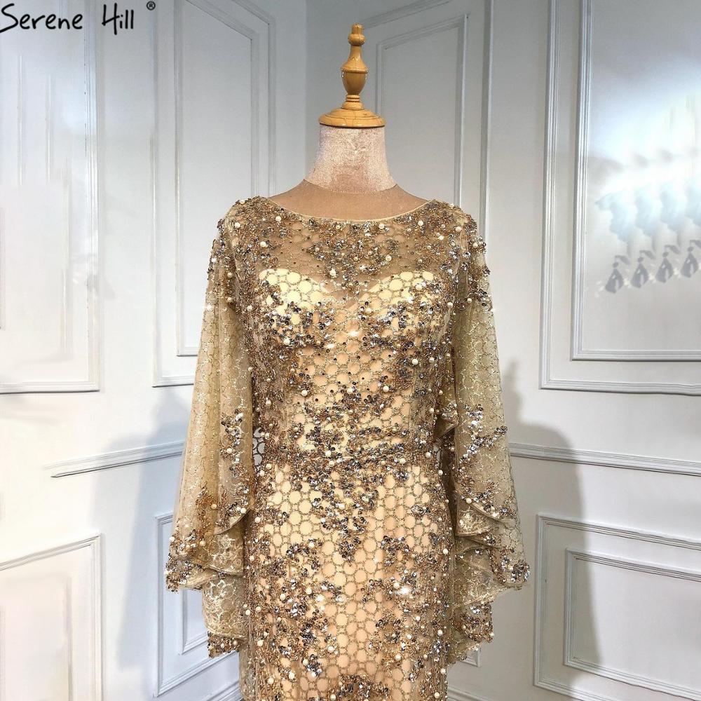 Elegante vestido de noche de lujo con corte sirena, dorado, talla grande, con perlas 2025 y capa para mujer, para fiesta LA70738