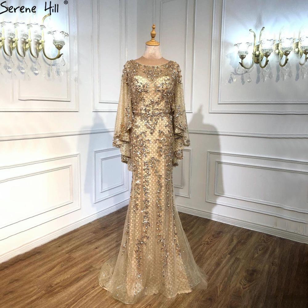 Elegante vestido de noche de lujo con corte sirena, dorado, talla grande, con perlas 2025 y capa para mujer, para fiesta LA70738