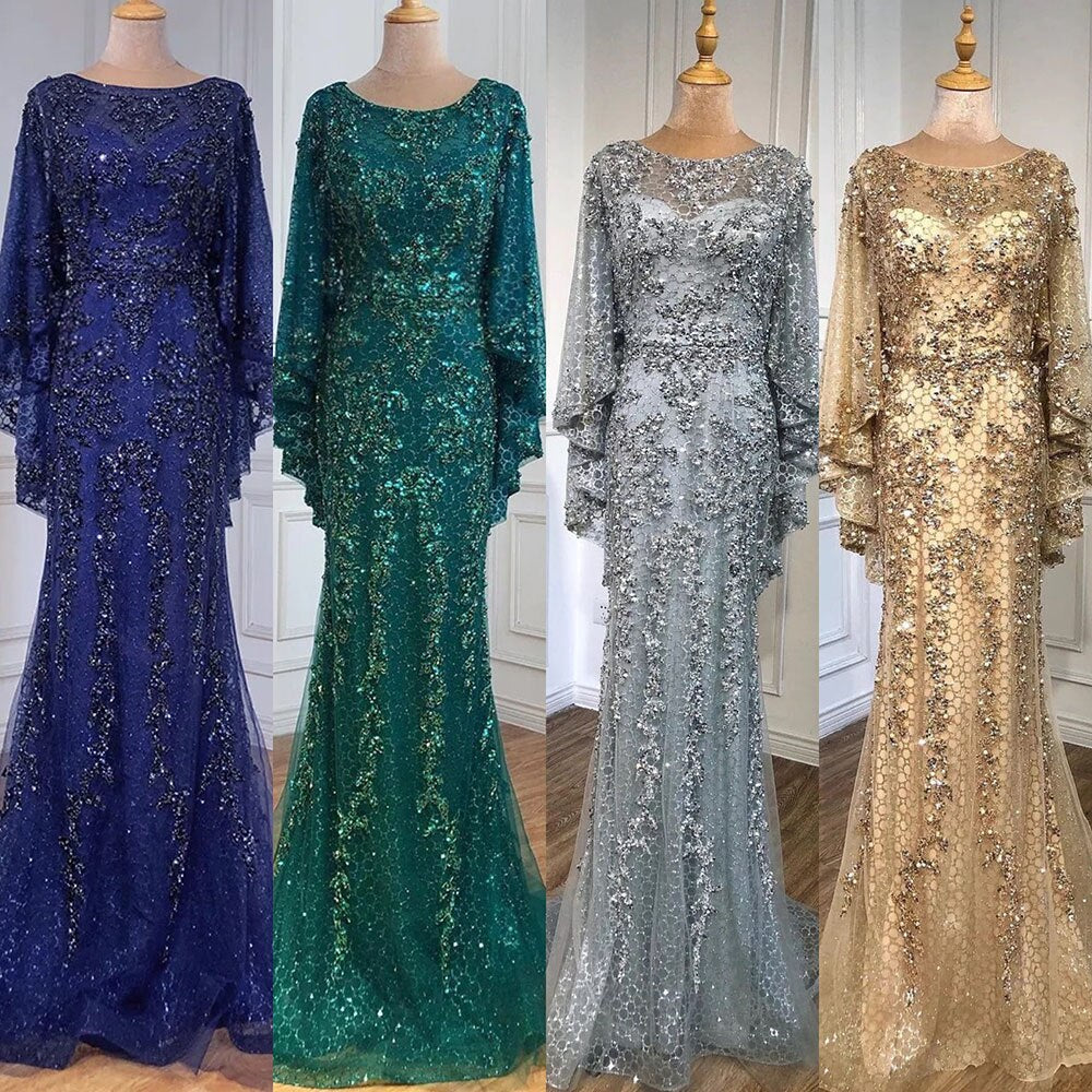 Elegante vestido de noche de lujo con corte sirena, dorado, talla grande, con perlas 2025 y capa para mujer, para fiesta LA70738