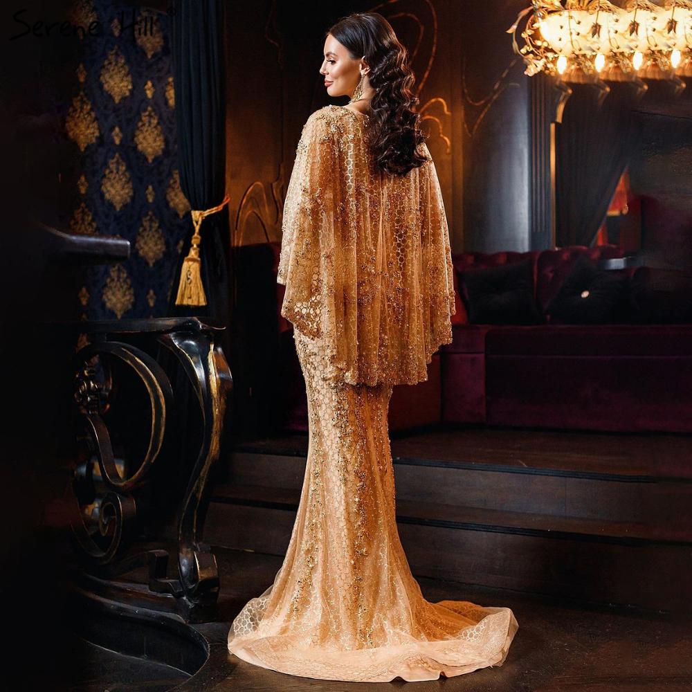 Elegante vestido de noche de lujo con corte sirena, dorado, talla grande, con perlas 2025 y capa para mujer, para fiesta LA70738