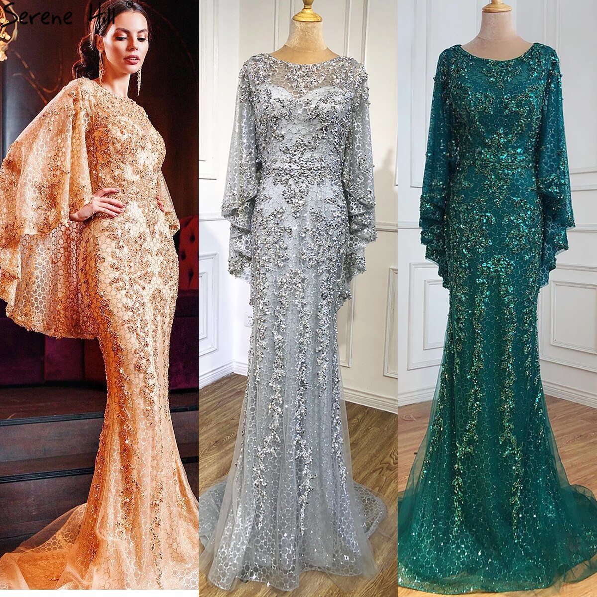 Elegante vestido de noche de lujo con corte sirena, dorado, talla grande, con perlas 2025 y capa para mujer, para fiesta LA70738