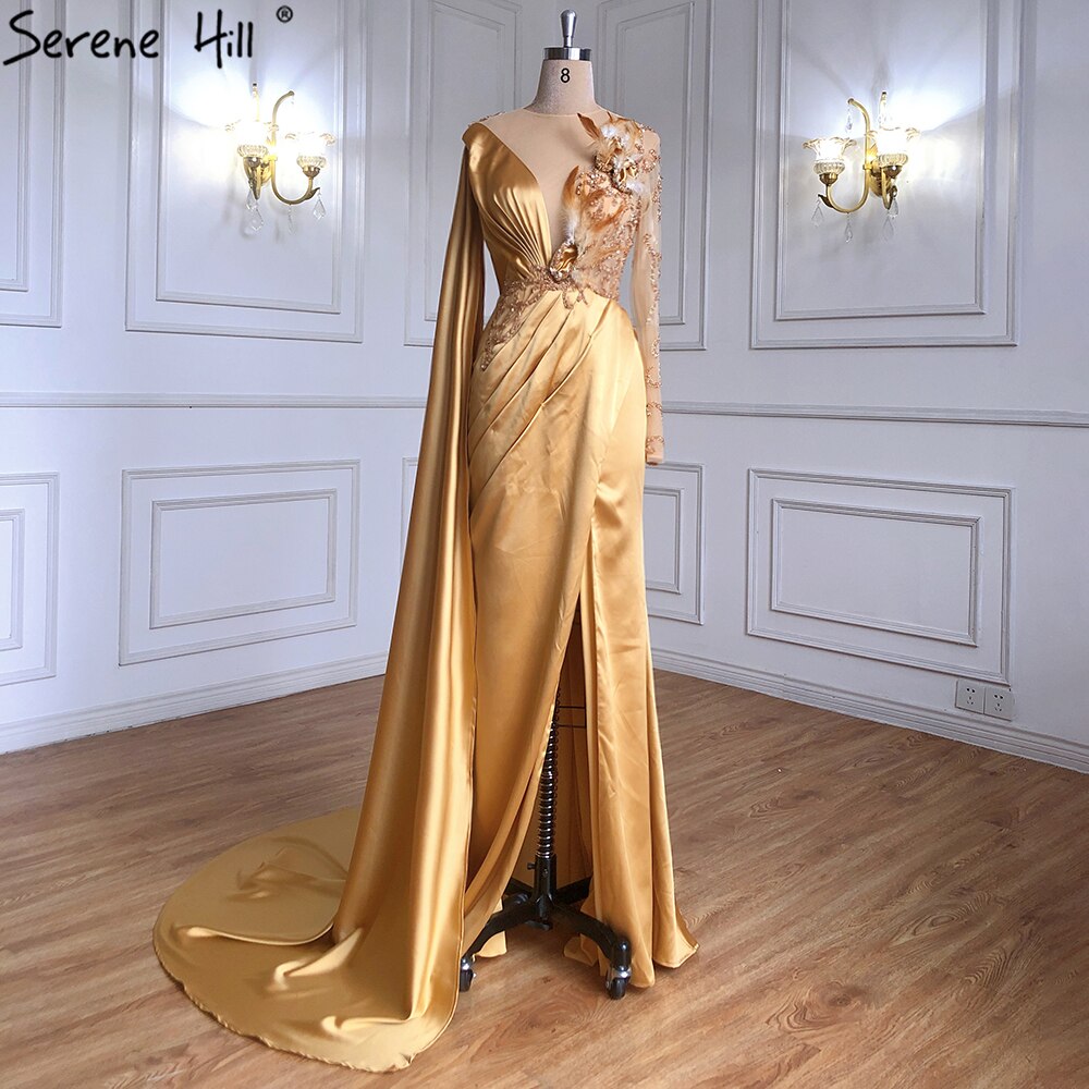 Vestidos de noche elegantes de sirena con cuentas y mangas abullonadas de satén dorado para mujer, vestidos de fiesta LA71183