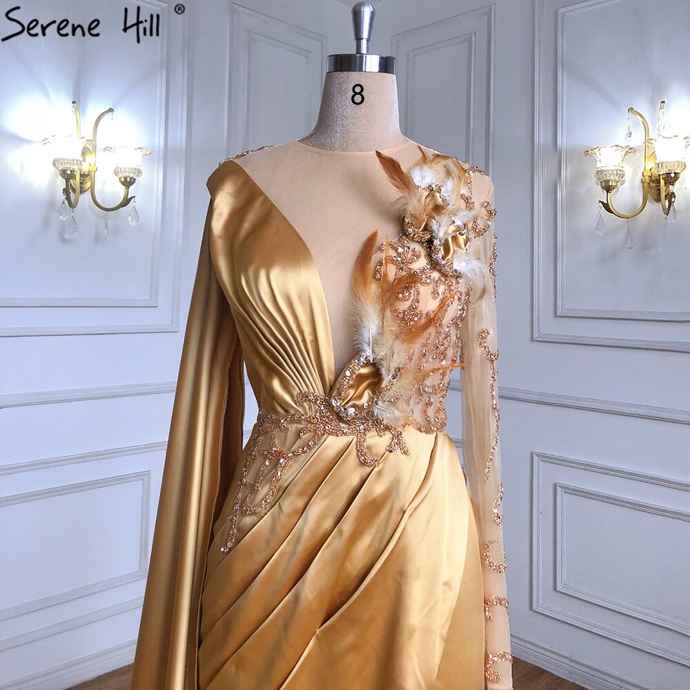 Vestidos de noche elegantes de sirena con cuentas y mangas abullonadas de satén dorado para mujer, vestidos de fiesta LA71183