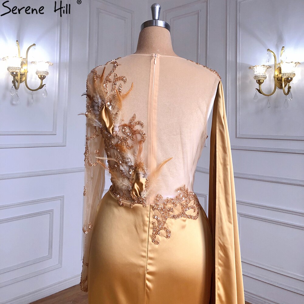 Vestidos de noche elegantes de sirena con cuentas y mangas abullonadas de satén dorado para mujer, vestidos de fiesta LA71183