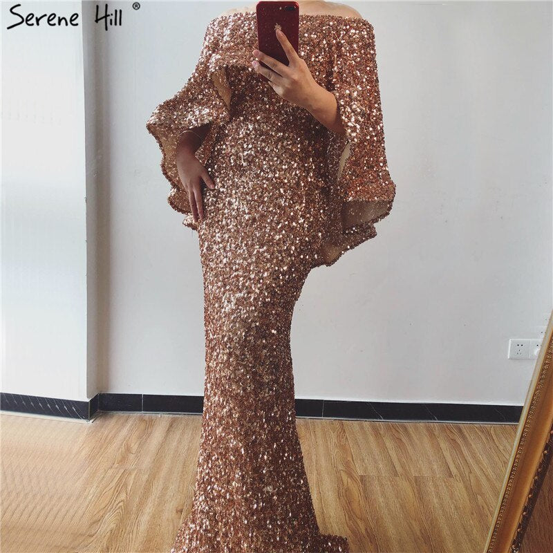 Vestidos de sirena de lujo con chal dorado, vestidos de noche brillantes LA60919, vestidos de noche largos para mujer, vestidos de fiesta