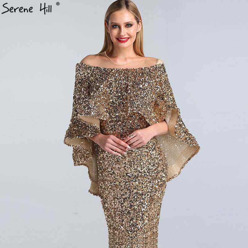 Vestidos de sirena de lujo con chal dorado, vestidos de noche brillantes LA60919, vestidos de noche largos para mujer, vestidos de fiesta