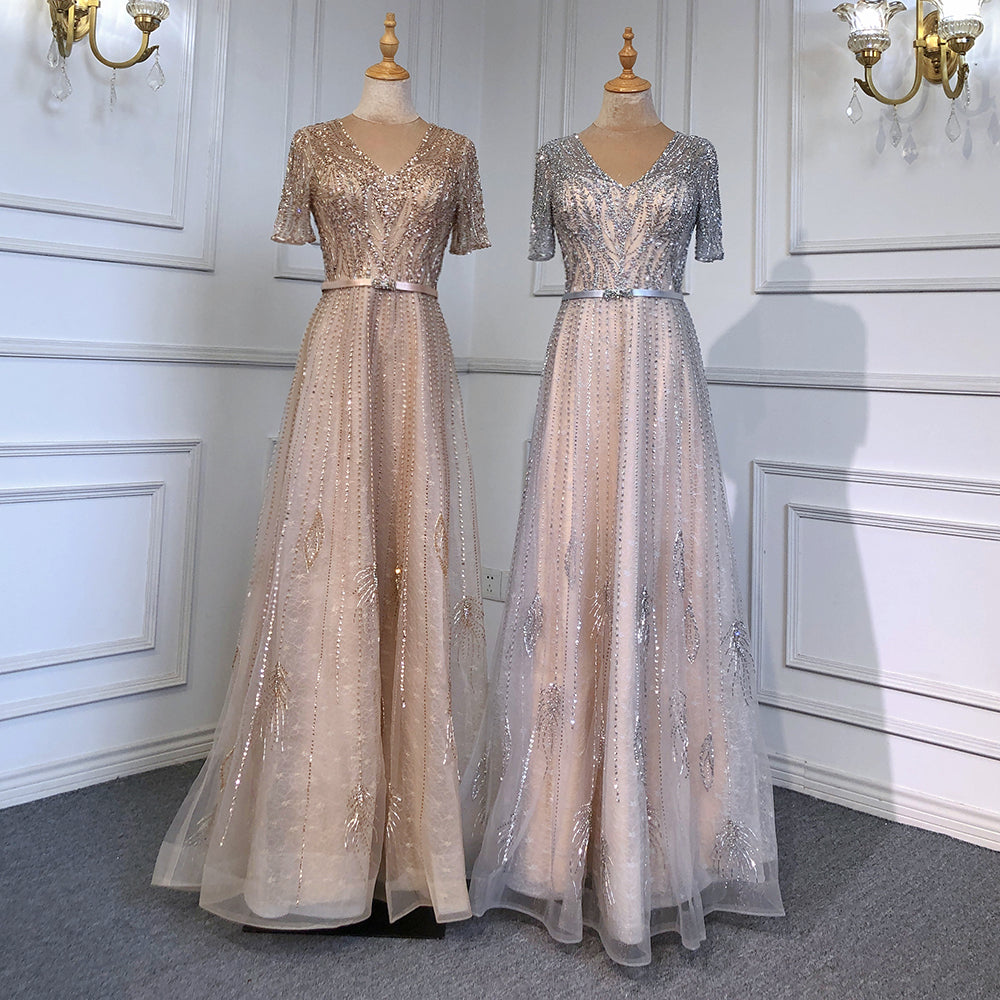 Vestidos de noche dorados de manga corta, vestidos de lujo 2025 con cuentas, corte A para mujer, fiesta LA71602