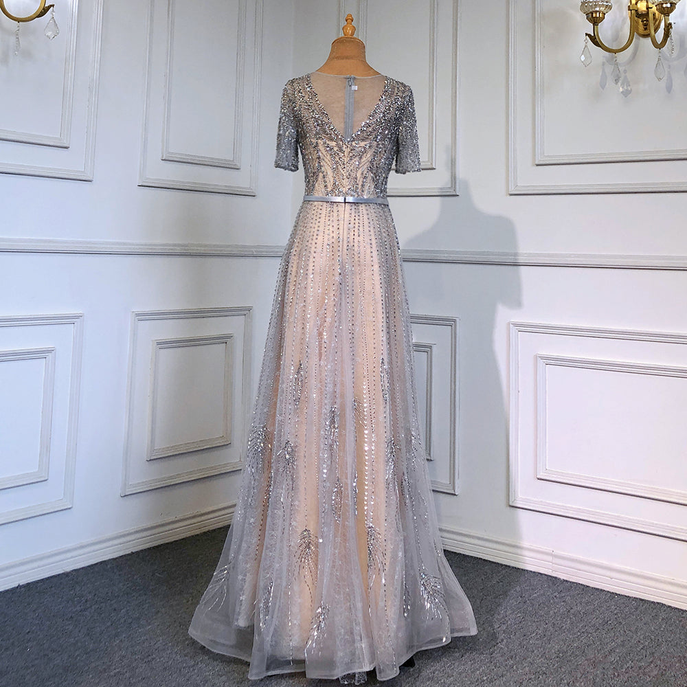 Vestidos de noche dorados de manga corta, vestidos de lujo 2025 con cuentas, corte A para mujer, fiesta LA71602