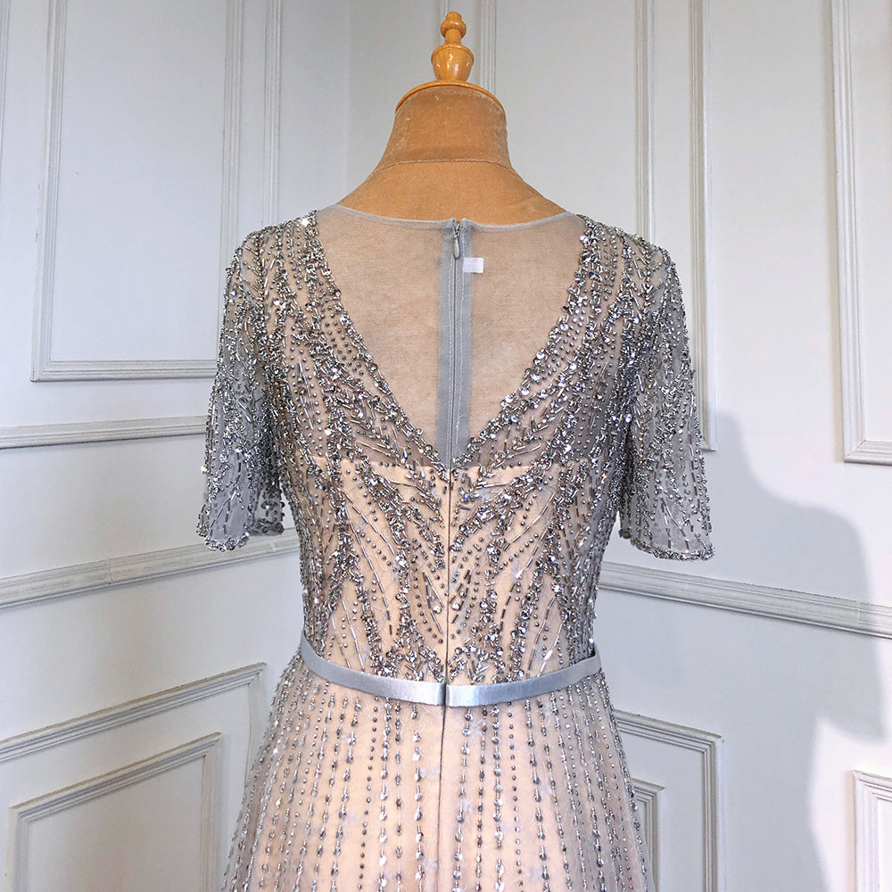 Vestidos de noche dorados de manga corta, vestidos de lujo 2025 con cuentas, corte A para mujer, fiesta LA71602