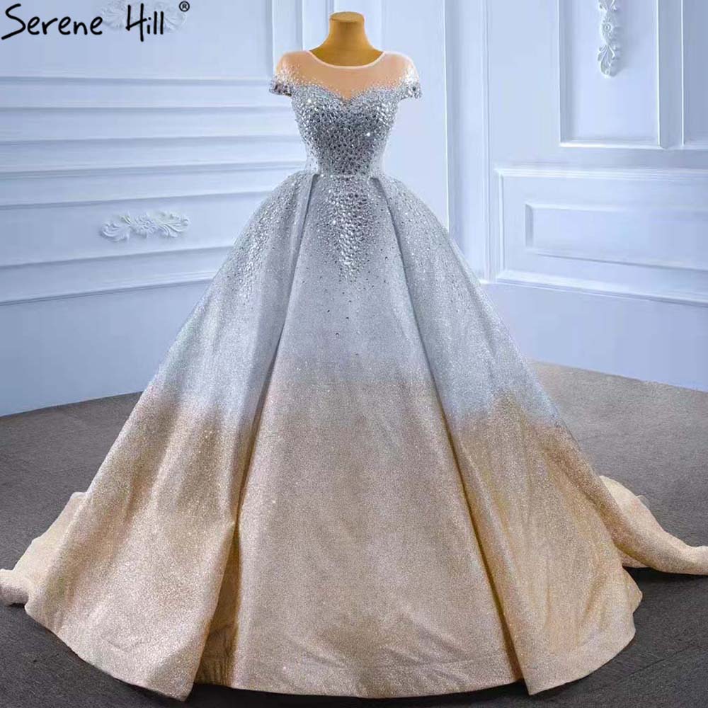 Vestidos de novia de lujo en oro y plata 2025, con mangas cortas y cuentas de cristal, HM67362, hechos a medida