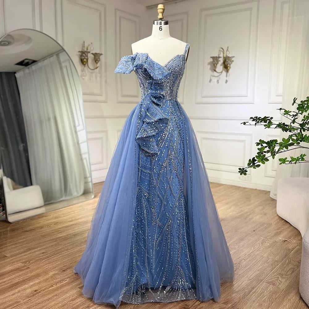 Vestido de noche sirena dorado con falda - Vestido de fiesta de lujo para mujer con tirantes finos y cuentas grises 2025 LA72341