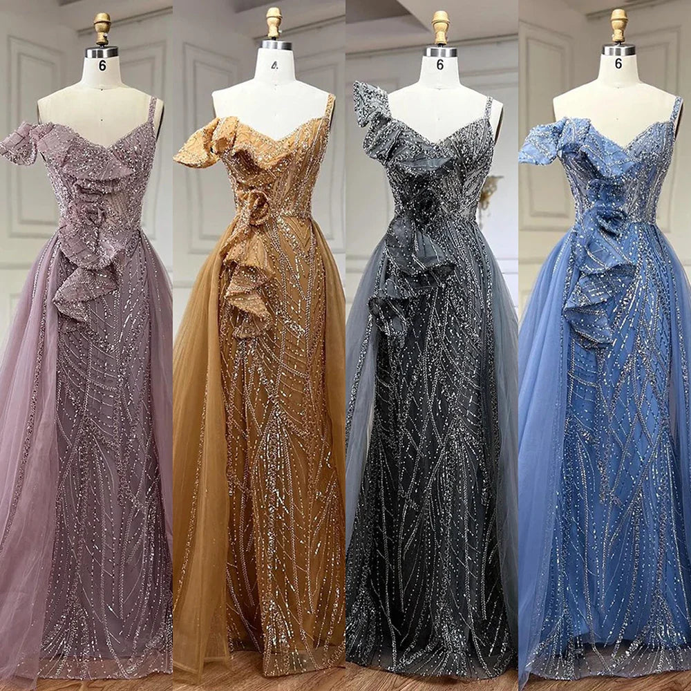 Vestido de noche sirena dorado con falda - Vestido de fiesta de lujo para mujer con tirantes finos y cuentas grises 2025 LA72341