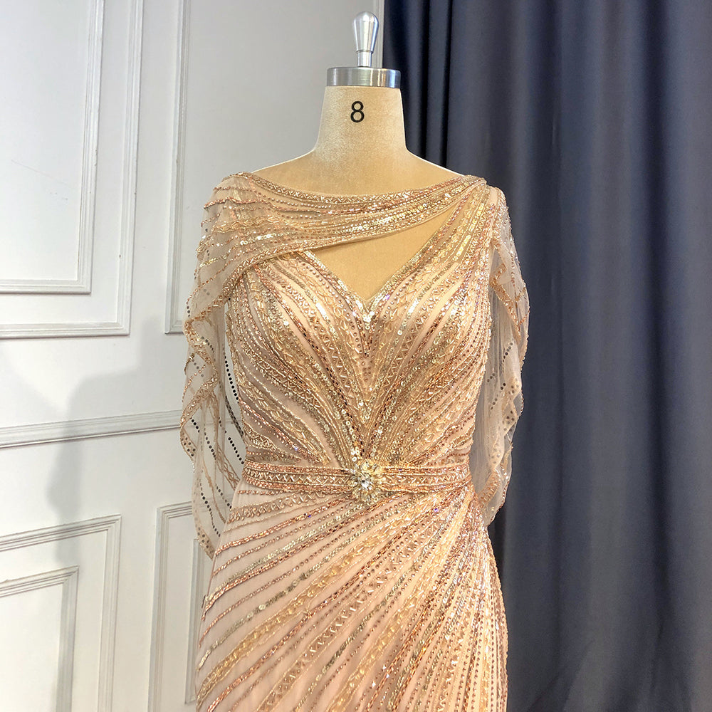 Goud Luxe Mermaid Avond Jurken 2025 Kralen V-hals Sparkle Elegante para fiesta de mujer LA70910A